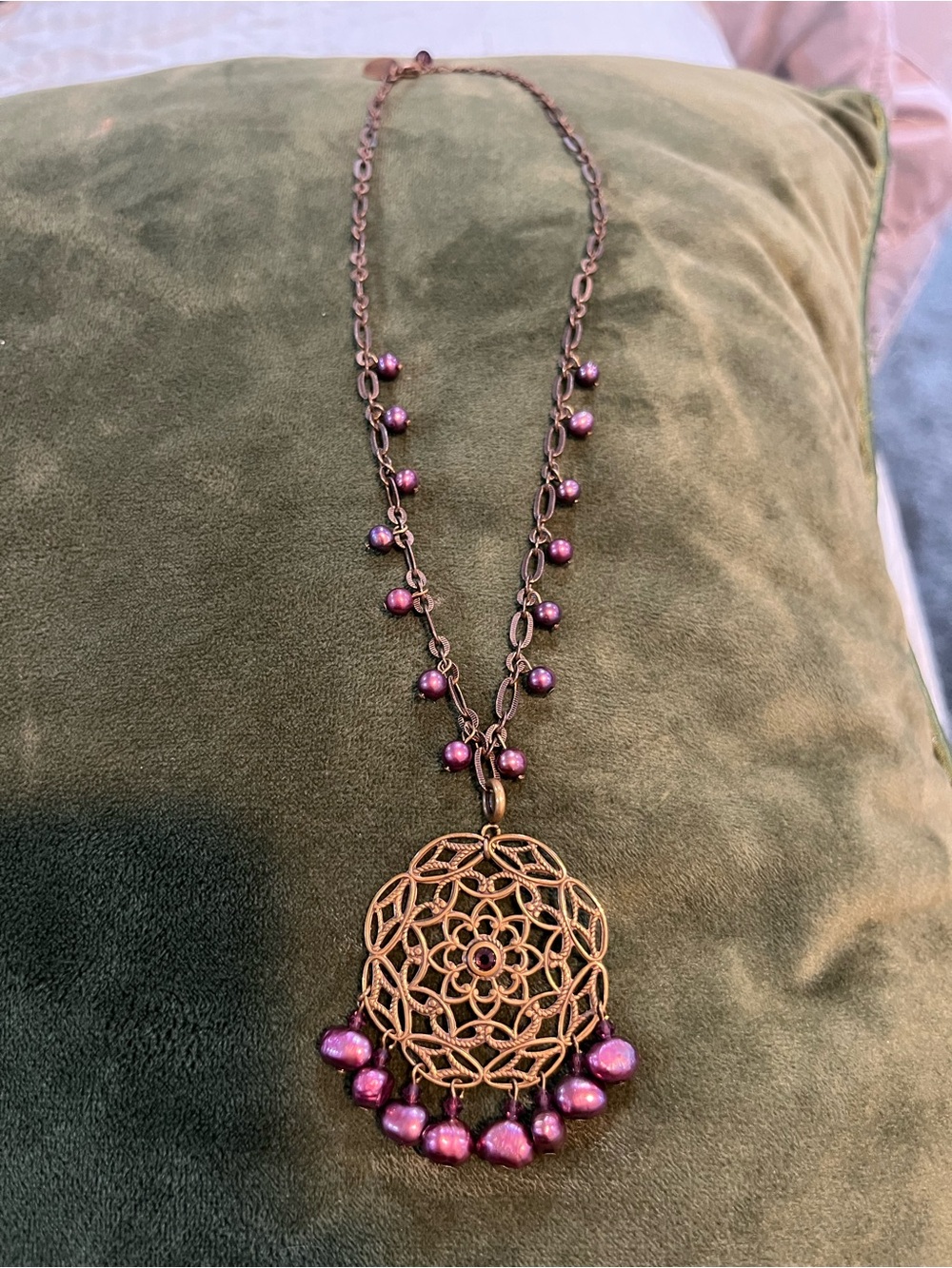 Gold-Tone Filigree Pendant Necklace with Purple Beads and matching earrings
